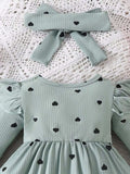 Children's Heart Print Ruffle Trim Bodysuit Dress with Headband - Trendsi - Flyclothing LLC