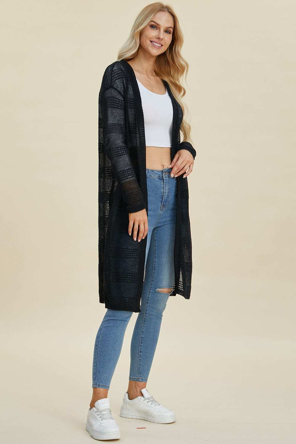 Double Take Full Size Open Front Longline Cardigan - Trendsi - Flyclothing LLC
