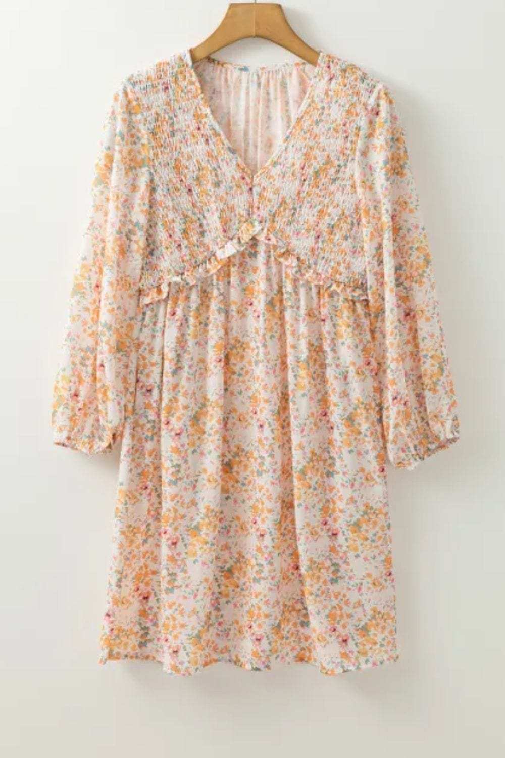 Printed V-Neck Balloon Sleeve Mini Dress - Trendsi - Flyclothing LLC