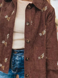 Floral Embroidered Collar Button Front Corduroy Jacket - Trendsi - Flyclothing LLC
