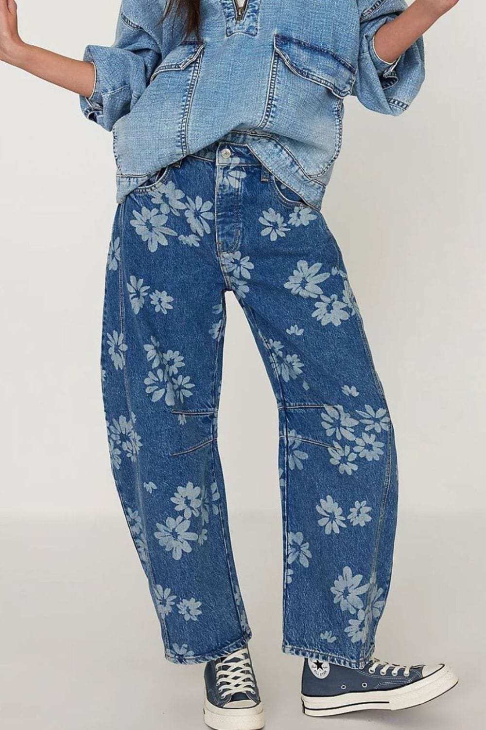 Flower Print Wide Leg Jeans - Trendsi - Flyclothing LLC