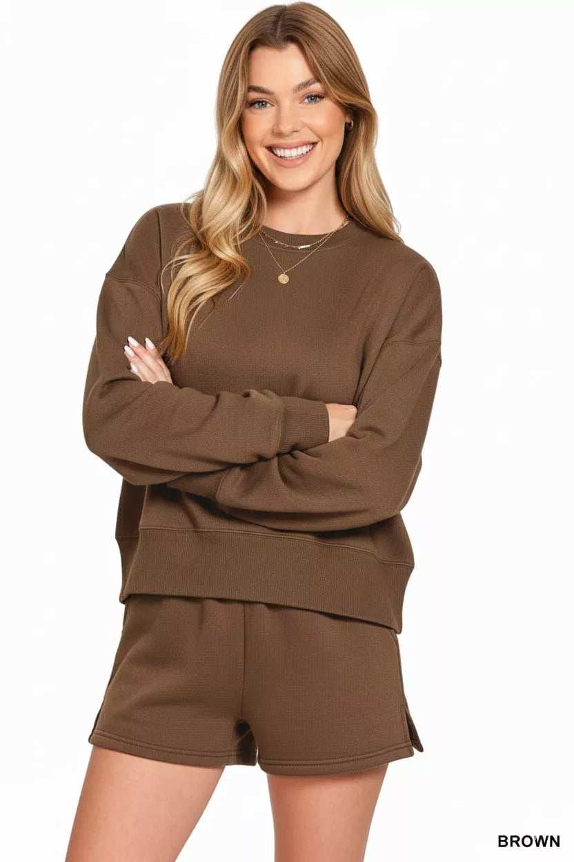 Zenana Fleece Round Neck Sweatshirt and Shorts Set - Trendsi - Flyclothing LLC