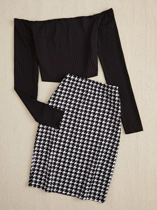 Off-Shoulder Long Sleeve Top and Houndstooth Skirt Set - Trendsi - Flyclothing LLC