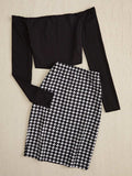 Off-Shoulder Long Sleeve Top and Houndstooth Skirt Set - Trendsi - Flyclothing LLC