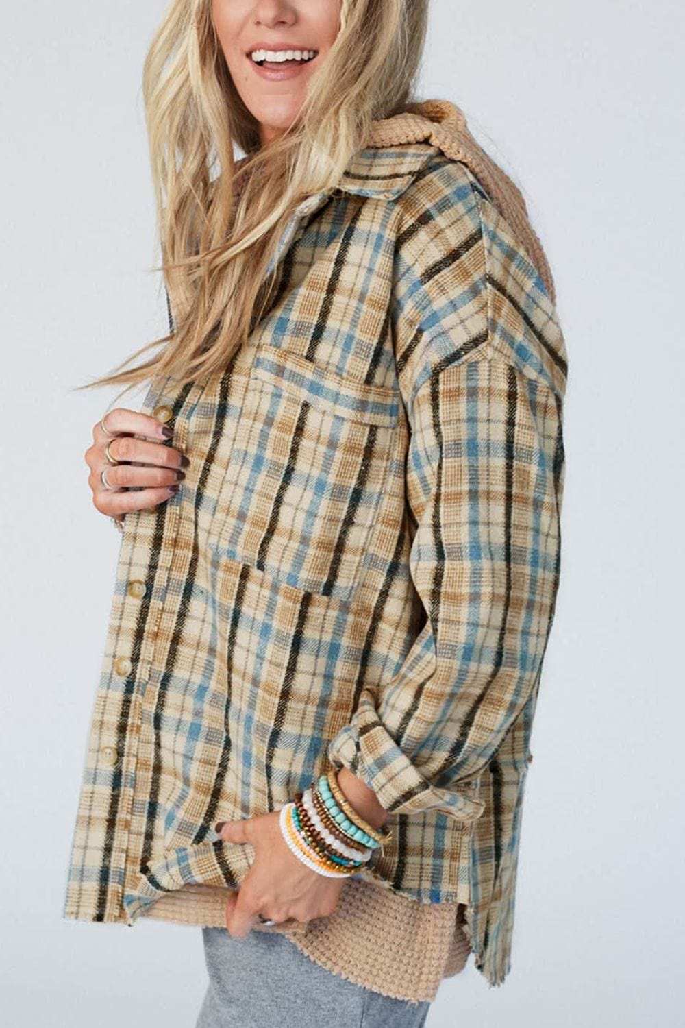 Drawstring Waffle Knit Patchwork Hooded Plaid Shacket - Trendsi - Flyclothing LLC