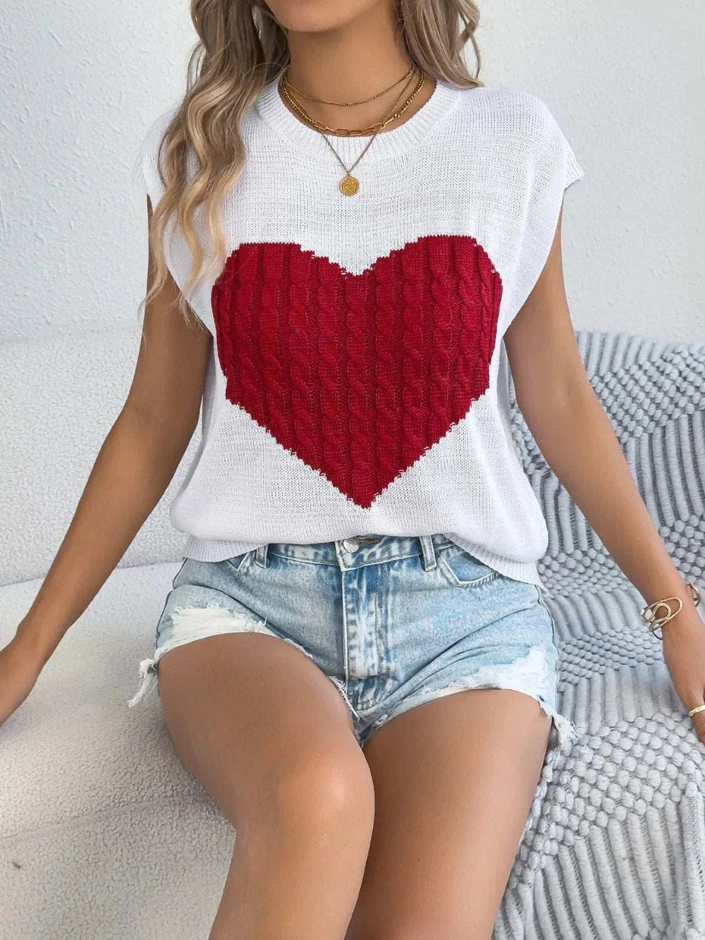 Cable Knit Heart Round Neck Cap Sleeve Knit Top - Trendsi - Flyclothing LLC