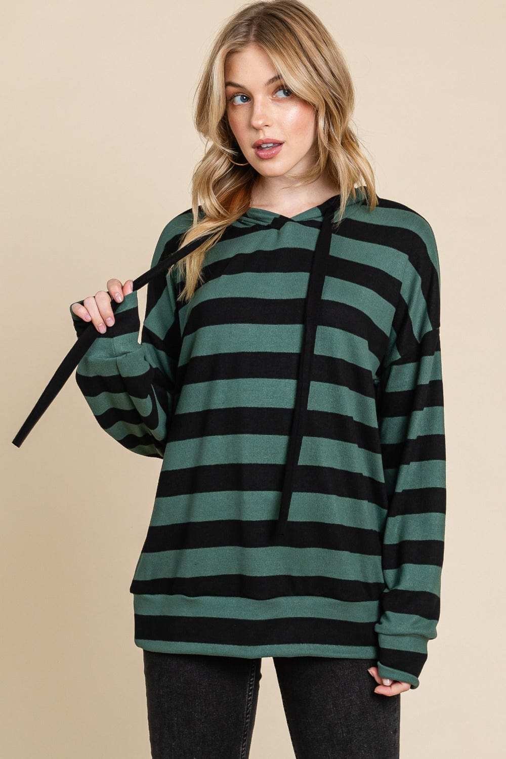 BOMBOM Drawstring Striped Dropped Shoulder Hoodie - Trendsi - Flyclothing LLC