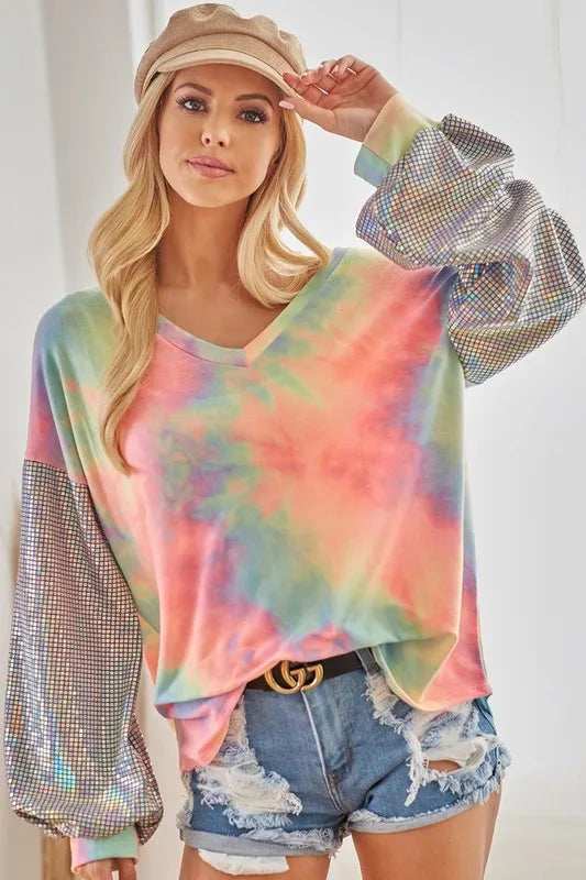 BiBi V Neck Tie Dye French Terry Top with Shiny - Trendsi - Flyclothing LLC