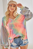 BiBi V Neck Tie Dye French Terry Top with Shiny - Trendsi - Flyclothing LLC