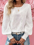 Eyelet Long Sleeve Blouse with Elastic Cuffs - Trendsi - Flyclothing LLC