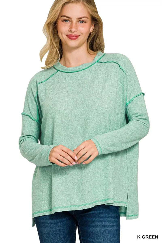 Zenana Full Size Melange Hacci Exposed Seam Hi-low Tee Plus Size - Trendsi - Flyclothing LLC
