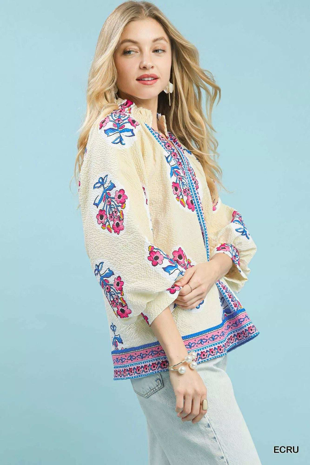 Umgee Boho Floral Print Tunic Blouse - Trendsi - Flyclothing LLC
