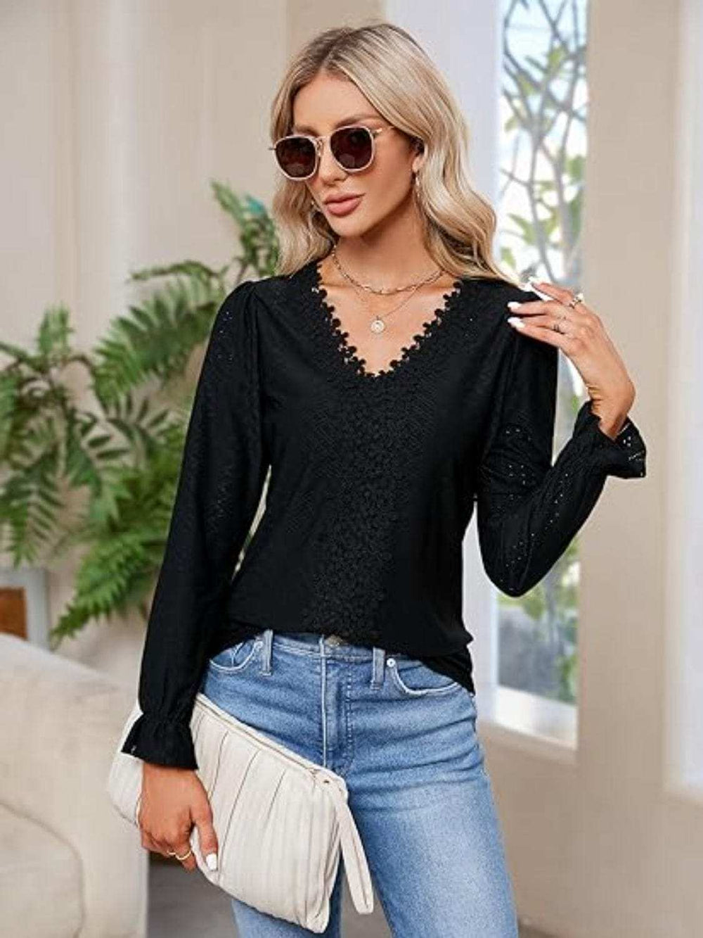 Lace Detail Eyelet V-Neck Flounce Sleeve Blouse - Trendsi - Flyclothing LLC