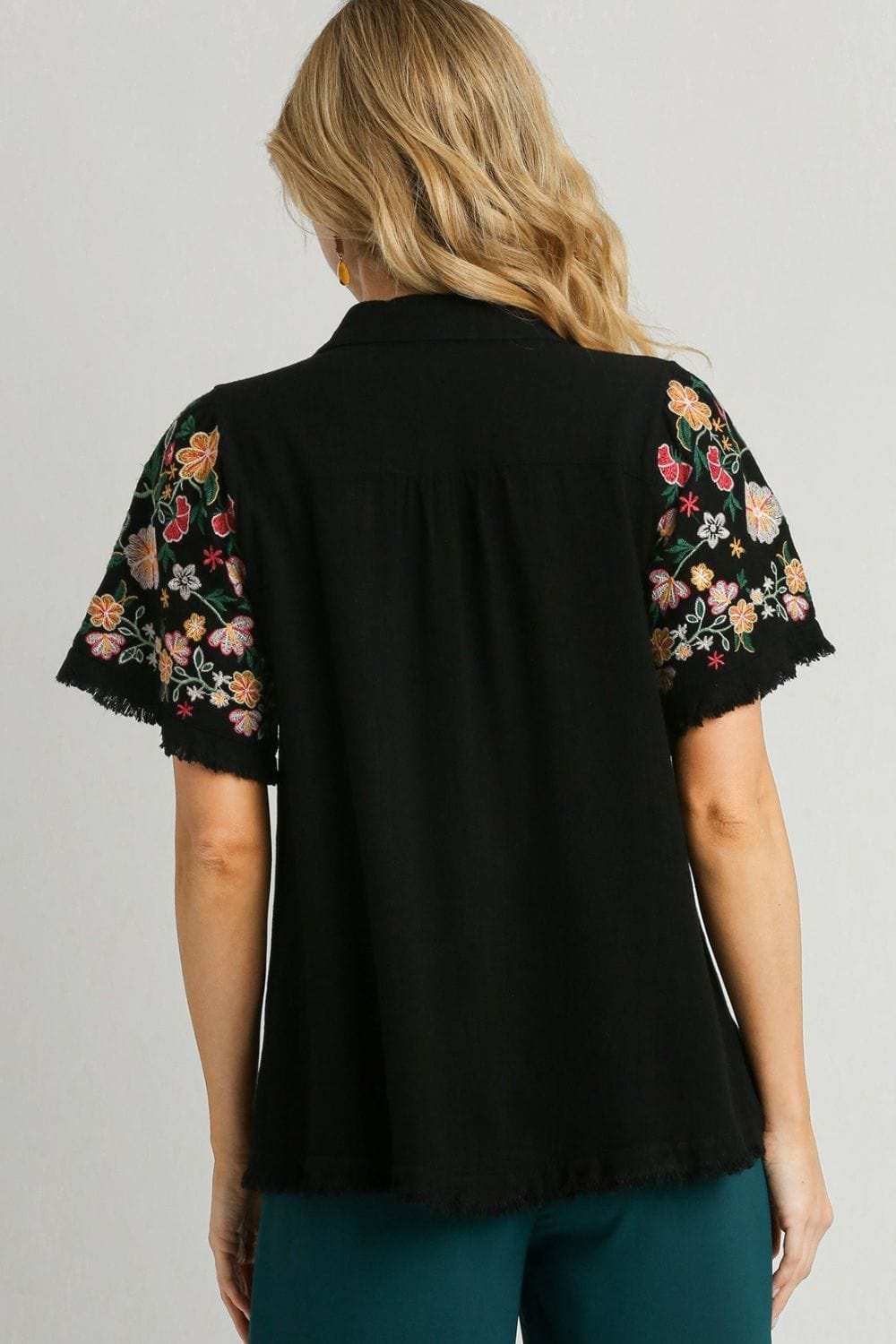 Umgee Full Size Linen Shirt with Embroidered Sleeves Plus Size - Trendsi - Flyclothing LLC
