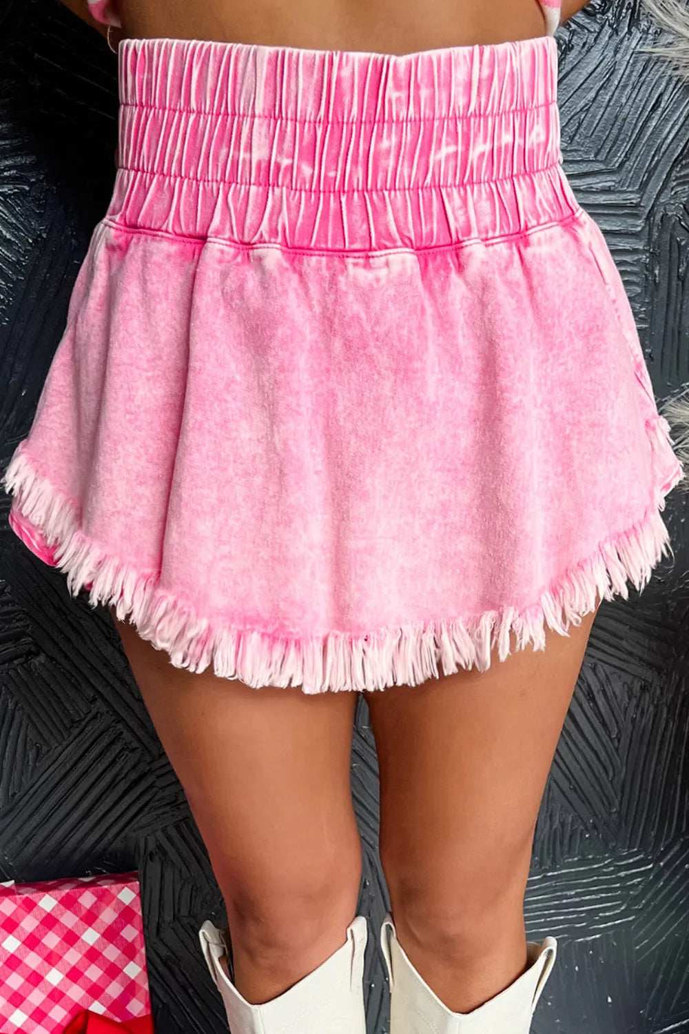 Washed Wide Smocked Waistband Frayed Denim Shorts - Trendsi - Flyclothing LLC