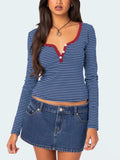 Buttoned Striped Long Sleeve T-Shirt - Trendsi - Flyclothing LLC