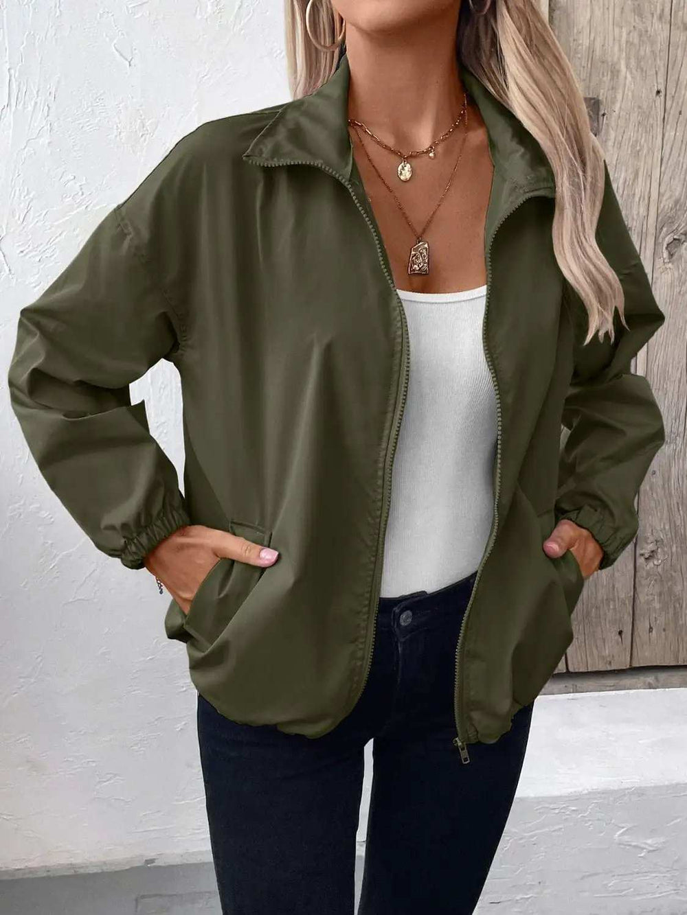 Pocketed Zip Up Long Sleeve Jacket - Trendsi - Flyclothing LLC