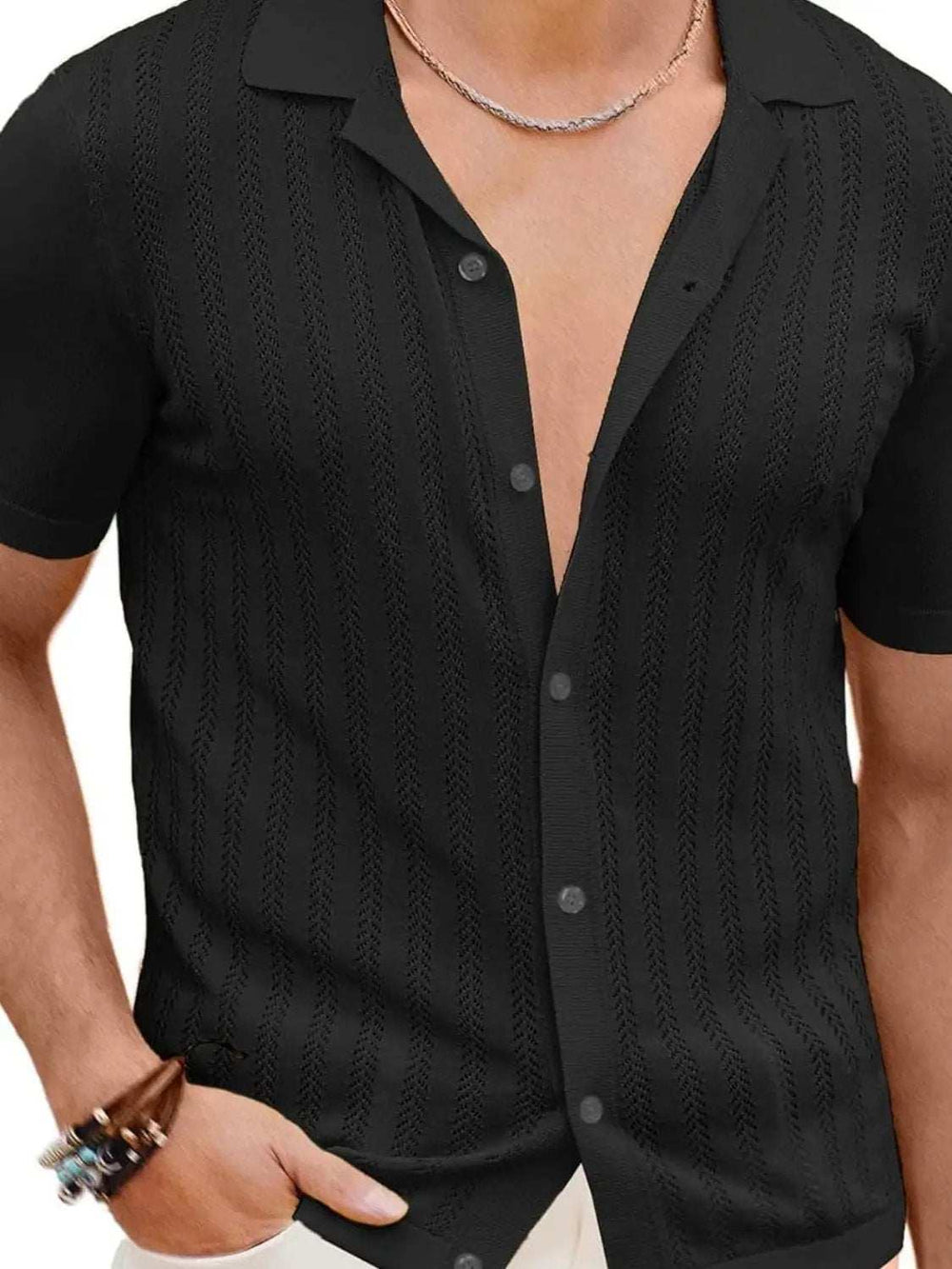 Men's Full Size Openwork Button Down Short Sleeve Shirt Plus Size - Trendsi - Flyclothing LLC
