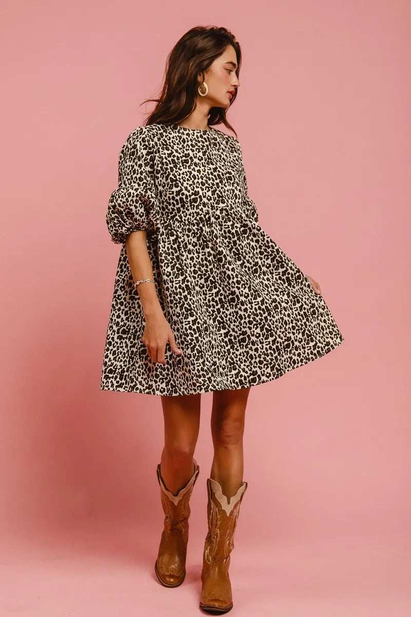 BiBi Leopard Denim Dress With Back Contrast Tie Detail - Trendsi - Flyclothing LLC