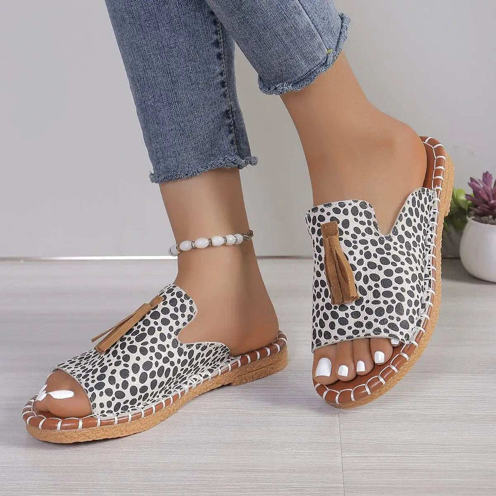 Fringe Leopard Open Toe Sandals - Trendsi - Flyclothing LLC