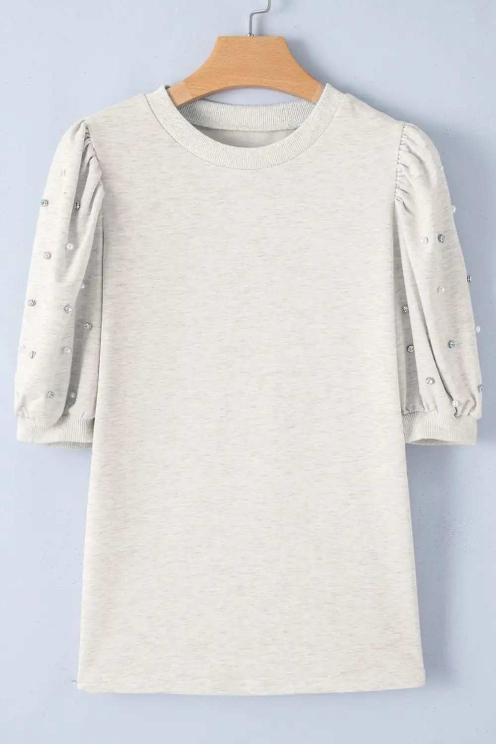 Rhinestone Pearl Detail Round Neck Puff Sleeve Top - Trendsi - Flyclothing LLC