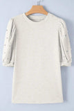 Rhinestone Pearl Detail Round Neck Puff Sleeve Top - Trendsi - Flyclothing LLC