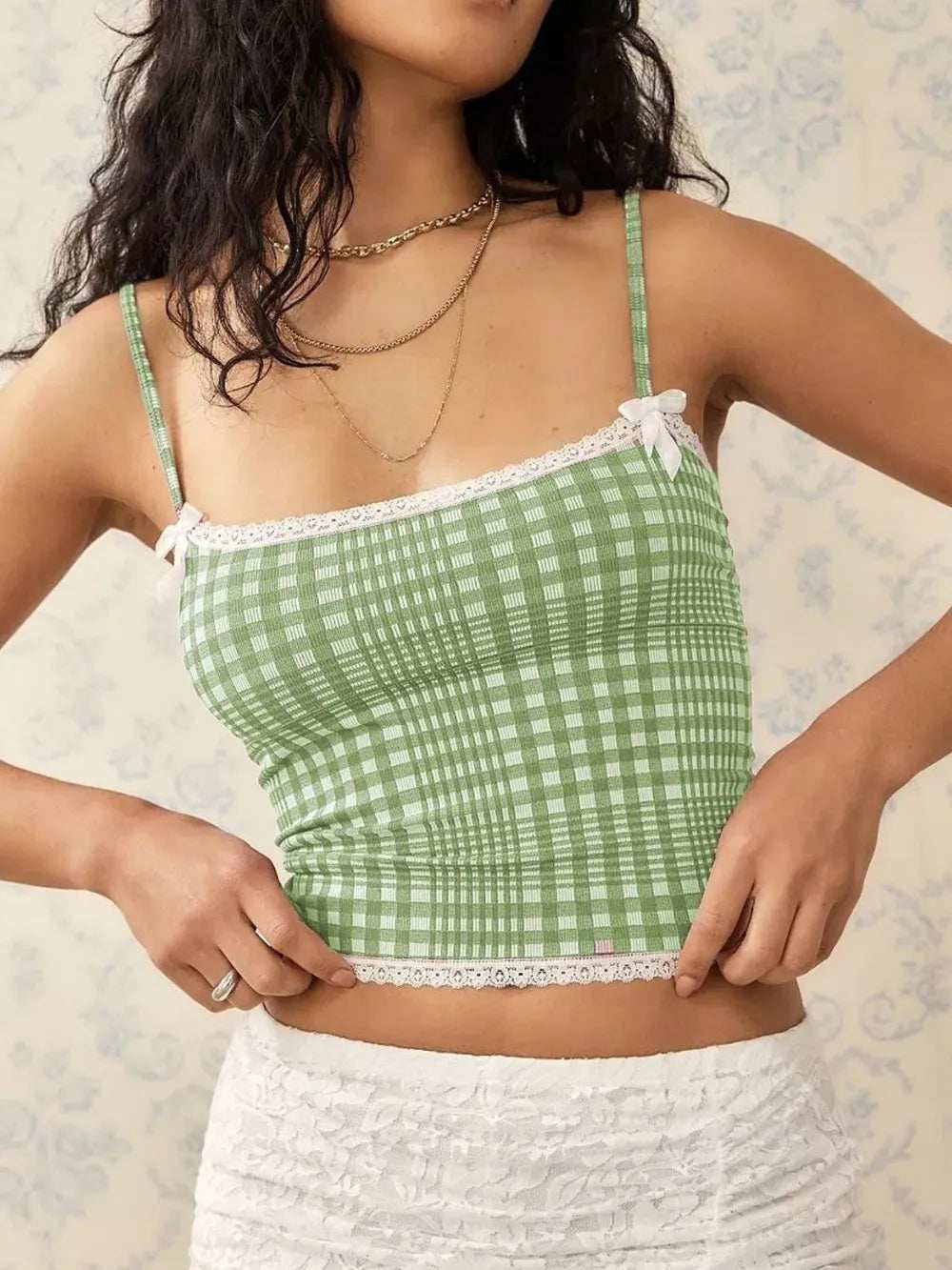 Lace Detail Plaid Square Neck Cami - Trendsi - Flyclothing LLC