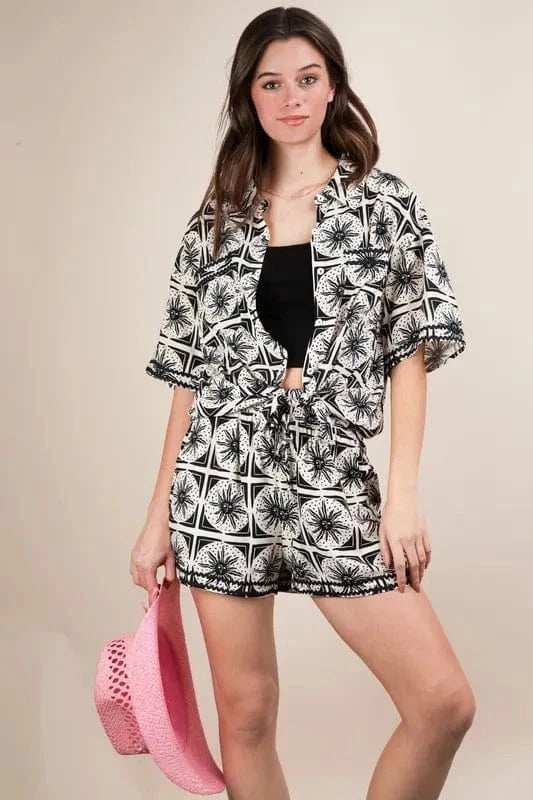 VERY J Plus Size Tropical Printed Shirt Top & Shorts Set - Trendsi - Flyclothing LLC