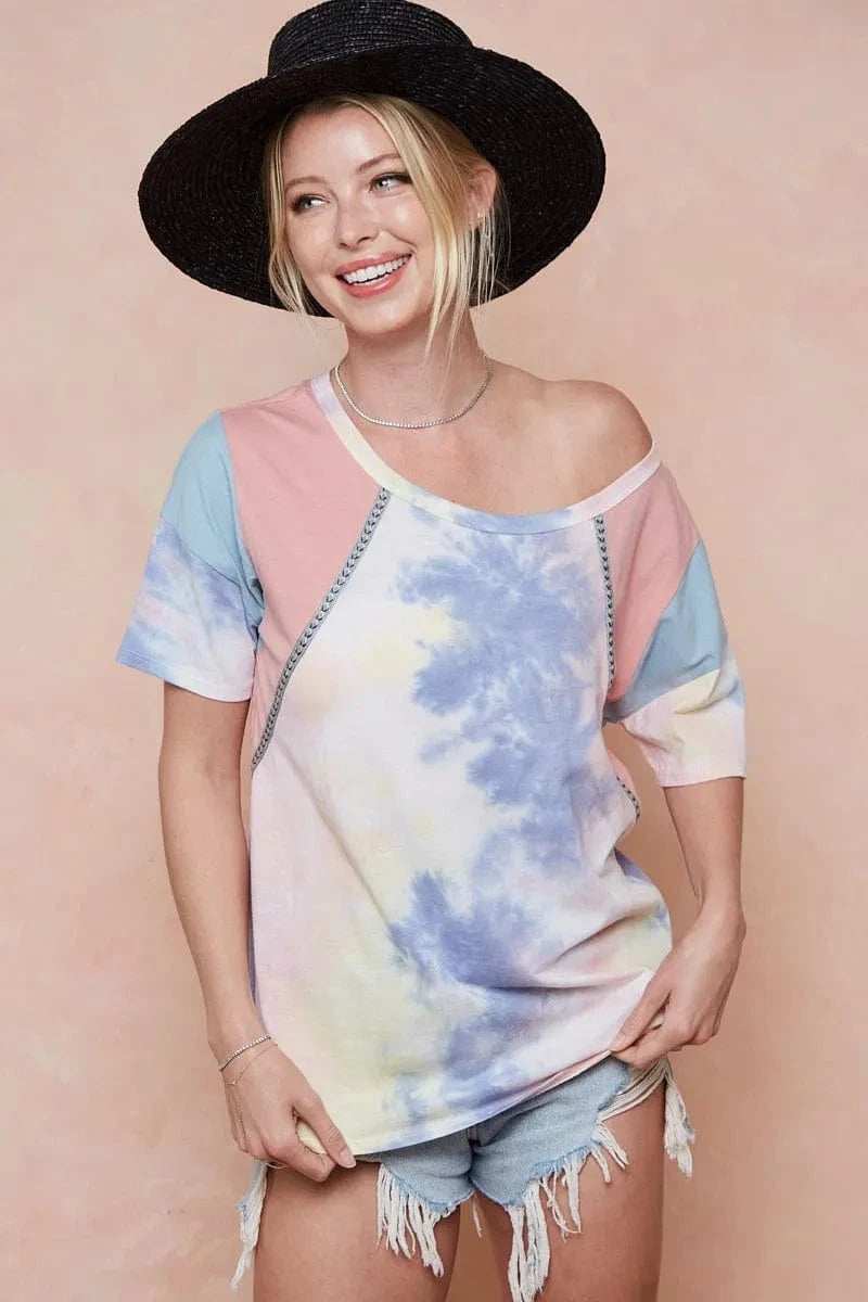 BiBi Tie Dye Printed Cotton Color Block T-Shirt - Trendsi - Flyclothing LLC