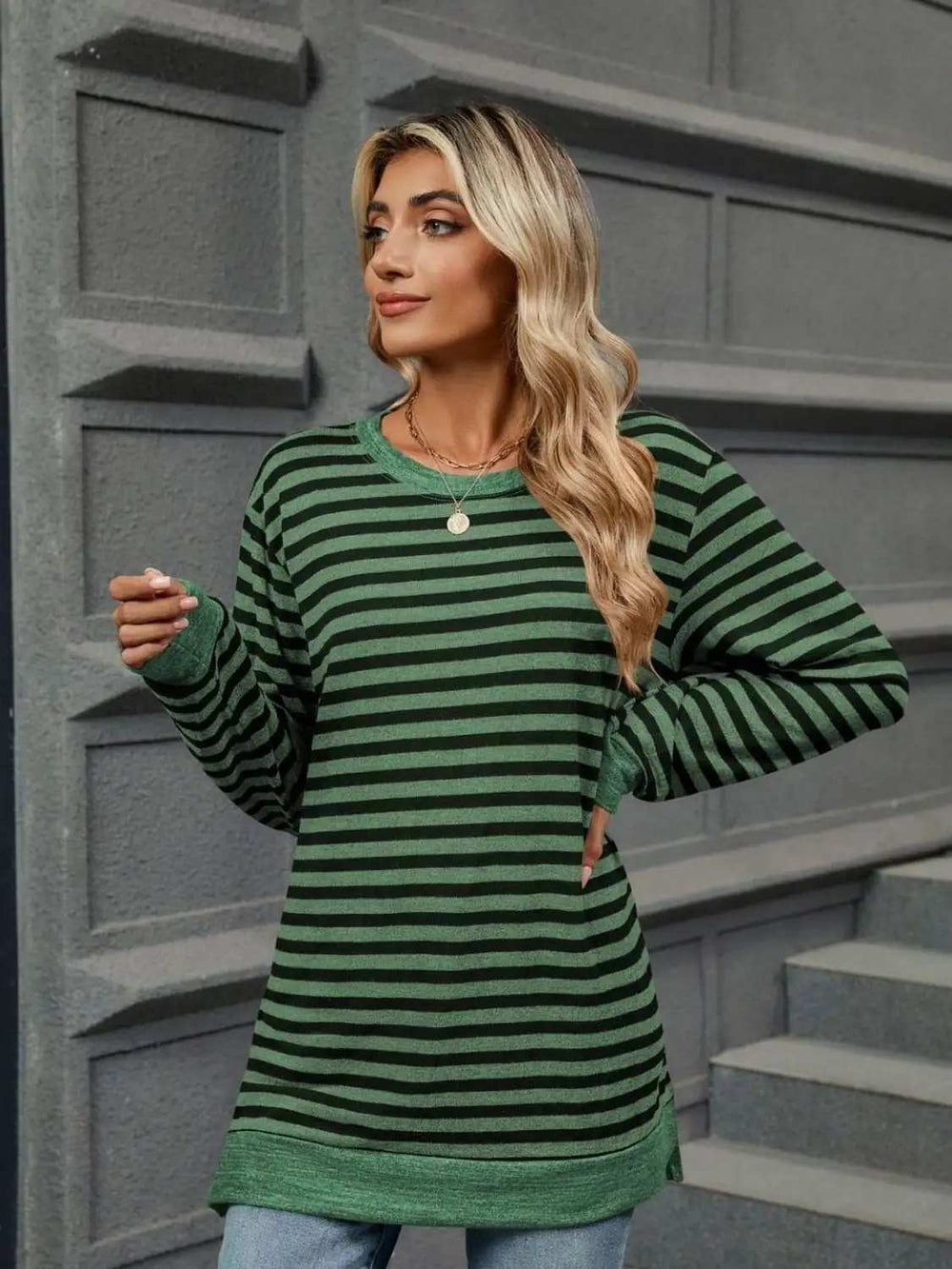 Striped Round Neck Long Sleeve T-Shirt - Trendsi - Flyclothing LLC