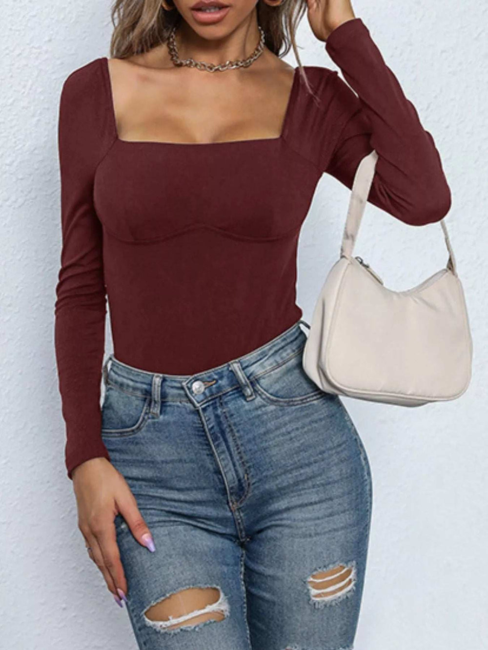 Square Neck Long Sleeve Bodysuit - Trendsi - Flyclothing LLC