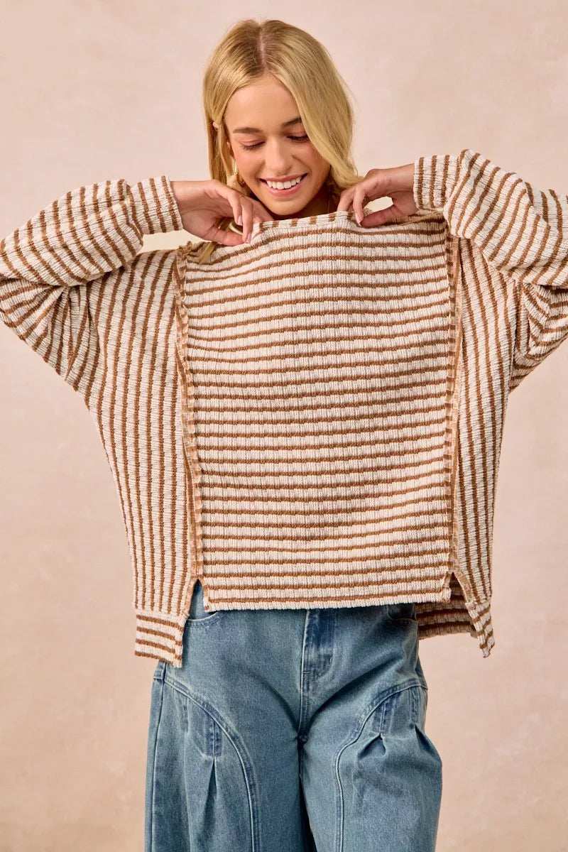 BiBi Open Seam Detail Textured Stripe Knit Top - Trendsi - Flyclothing LLC