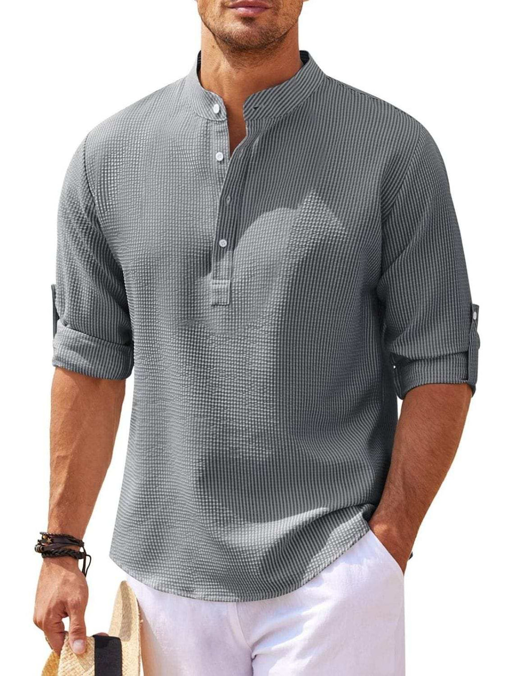 Men's Full Size Half Button Long Sleeve Shirt Plus Size - Trendsi - Flyclothing LLC