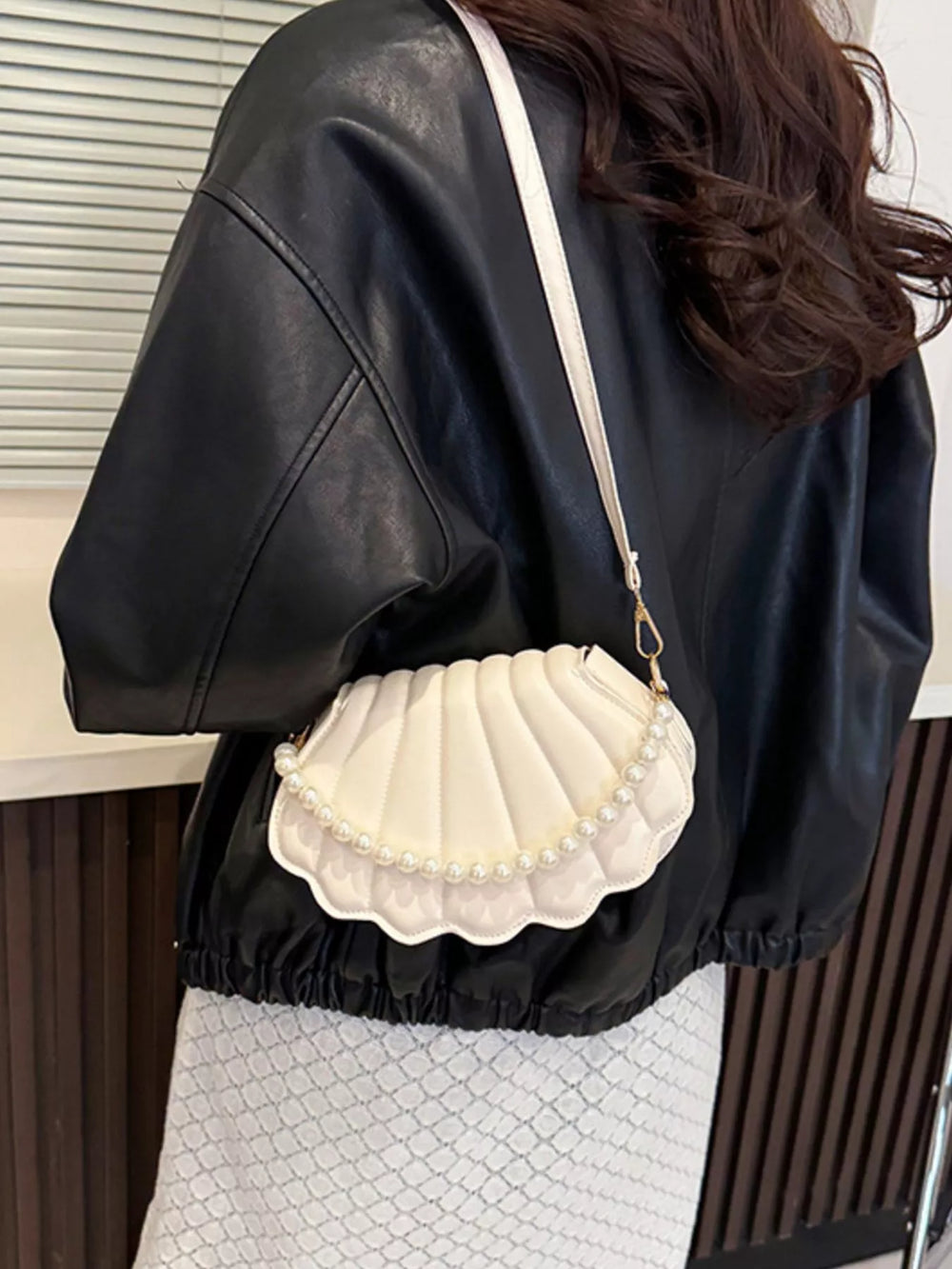 Shell-Shaped Pearl Decor Crossbody Bag - Trendsi - Flyclothing LLC