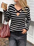 Striped Cross Front Long Sleeve Knit Top - Trendsi - Flyclothing LLC