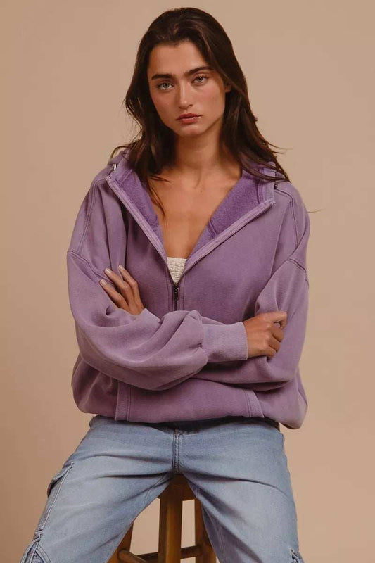 BiBi Stitch Detailed Elastic Hem Half Zip Fleece Hoodie - Trendsi - Flyclothing LLC