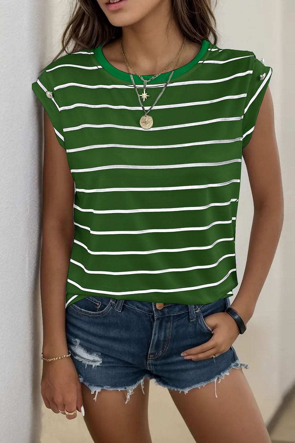 Decorative Button Round Neck T-Shirt - Trendsi - Flyclothing LLC