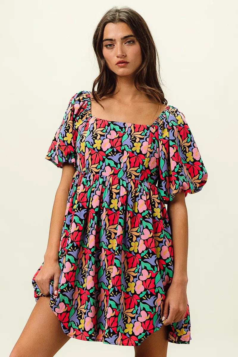 BiBi Floral Print Puff Square Neck Dress - Trendsi - Flyclothing LLC