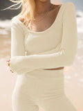 Scoop Neck Long Sleeve Top and Shorts Set - Trendsi - Flyclothing LLC