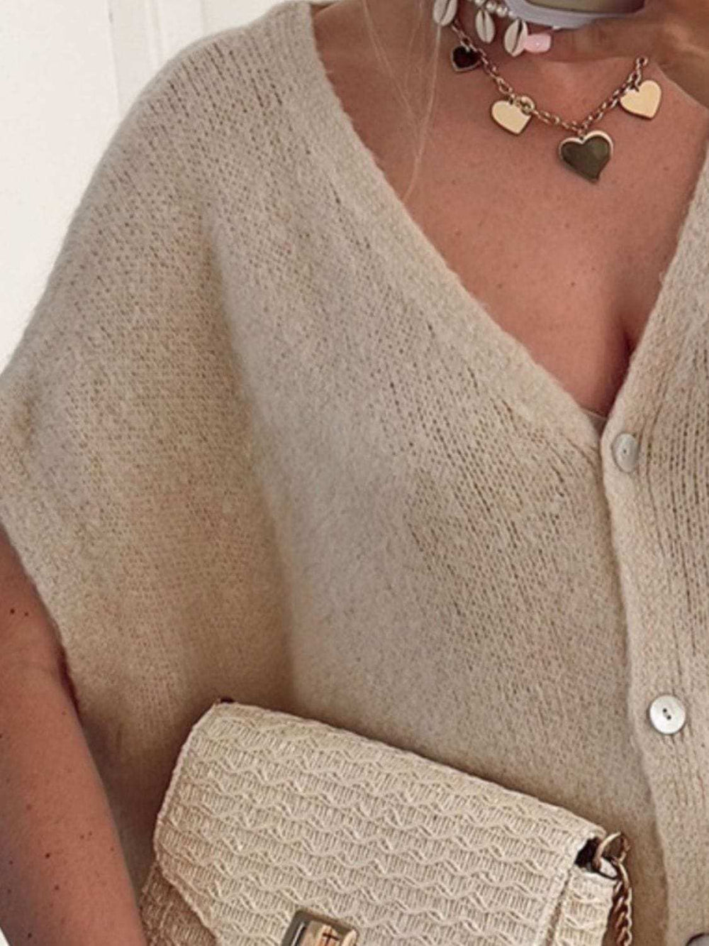 V-Neck Button Up Short Sleeve Cardigan - Trendsi - Flyclothing LLC