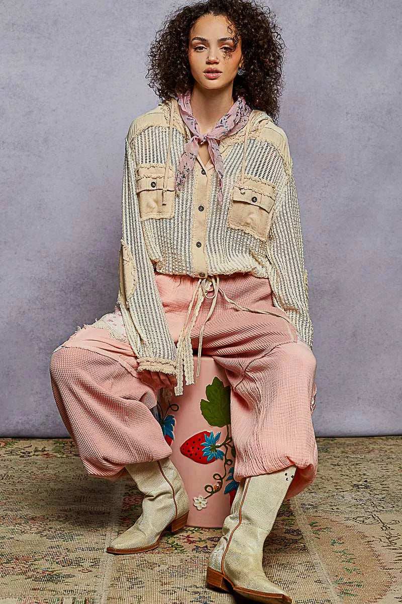 POL Texture Woven Button Down Hooded Shirt with Drawstring Hem - Trendsi - Flyclothing LLC