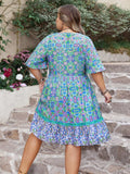 Plus Size Ruffled Hem Lace Detail Printed Half Sleeve Dress - Trendsi - Flyclothing LLC