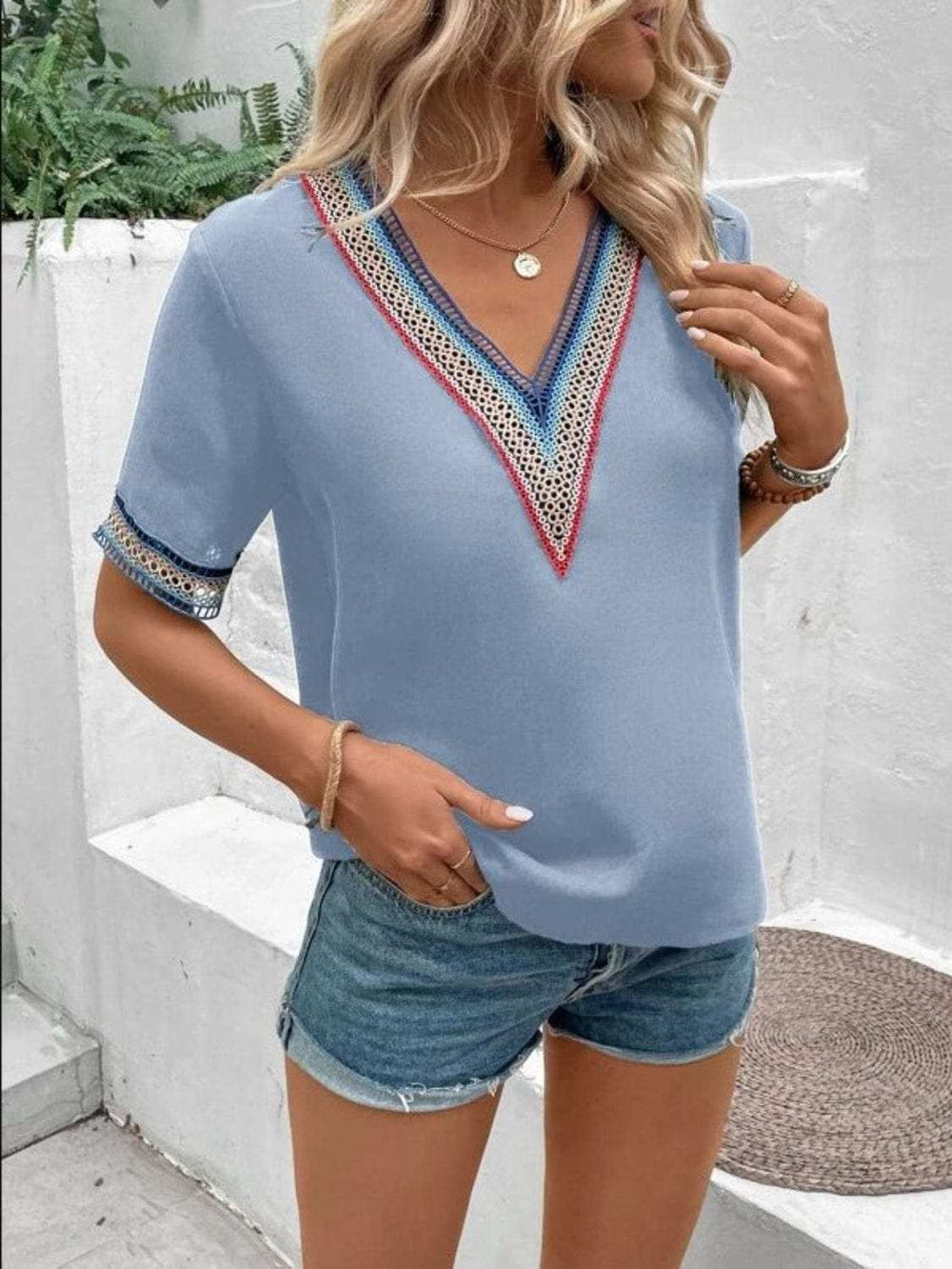Full Size V-Neck Short Sleeve Blouse - Trendsi - Flyclothing LLC