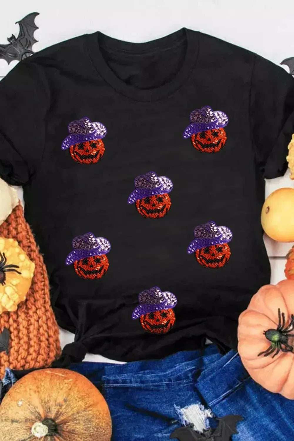 Sequin Pumpkin Round Neck Short Sleeve T-Shirt - Trendsi - Flyclothing LLC