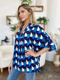 Double Take Full Size Geometric Notched Half Sleeve Blouse - Trendsi - Flyclothing LLC