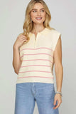 She + Sky Full Size Ribbed Hem Striped Half Zip Sweater Vest Plus Size - Trendsi - Flyclothing LLC