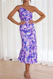 Ruched Printed Single Shoulder Midi Dress - Trendsi - Flyclothing LLC