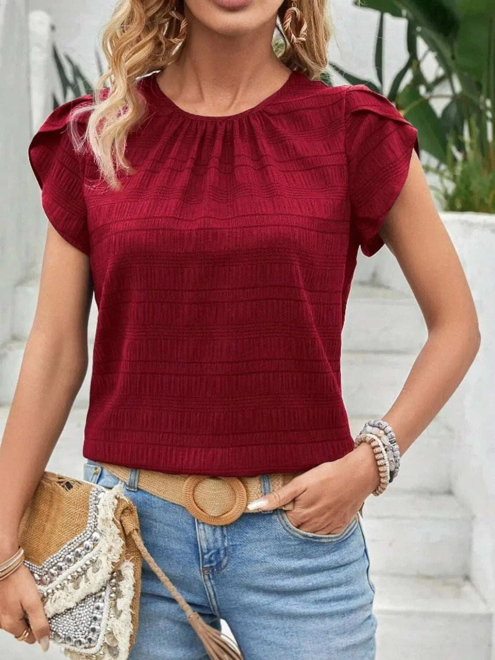 Round Neck Petal Sleeve Top - Trendsi - Flyclothing LLC