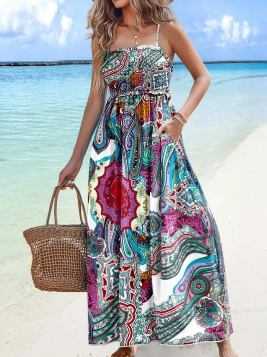 Printed Smocked Maxi Cami Dress - Trendsi - Flyclothing LLC