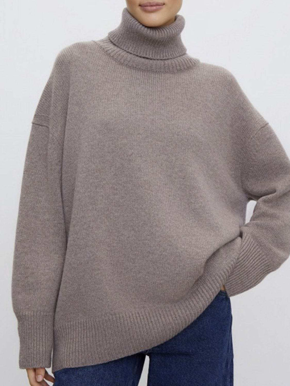 Ribbed Detail Turtleneck Dropped Shoulder Sweater - Trendsi - Flyclothing LLC